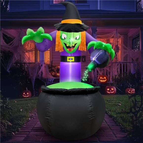 5 Ft Halloween Inflatable Witch with Cauldron and Green LED String Light - Picture 3 of 6